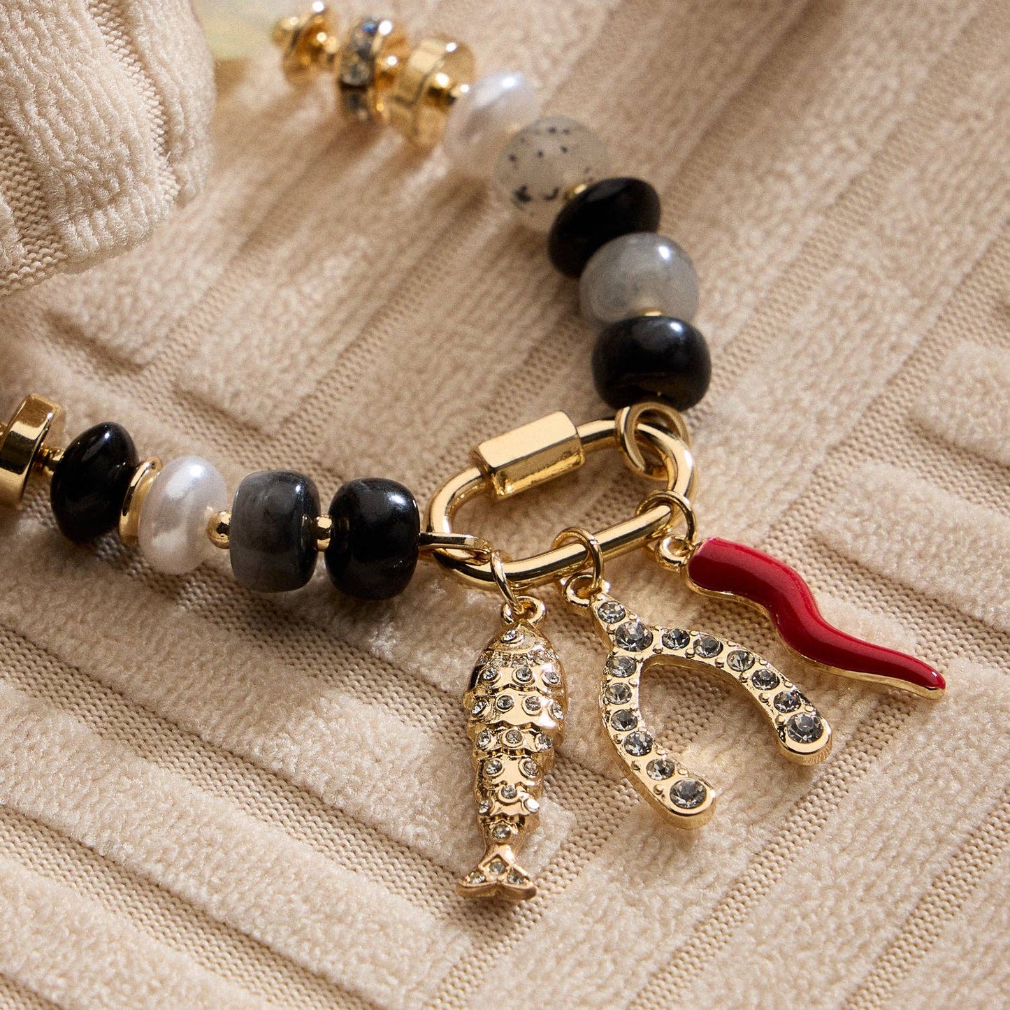 Vibrant Beaded Bracelet | Gold-Tone Trio Charms: NT / ONE