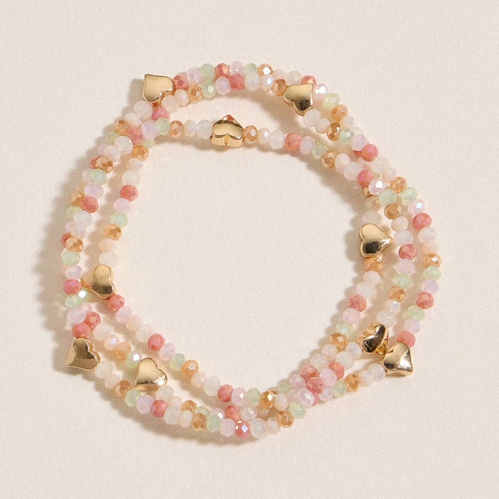 Glass Beaded Heart Stretch Bracelet Set | Gold Accent Stack: BK