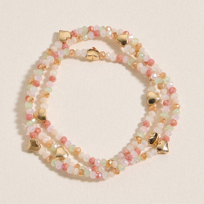 Glass Beaded Heart Stretch Bracelet Set | Gold Accent Stack: BK