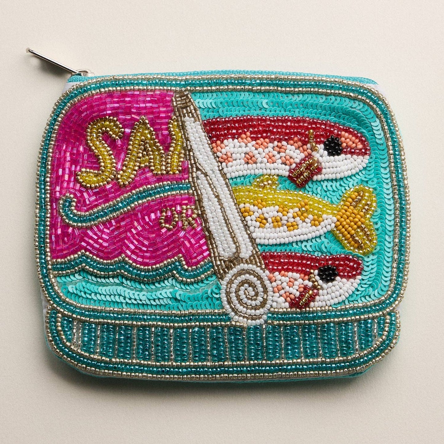 Beaded Sardine Can Clutch | Hand-Embroidered Sequin Zip Pouch: MT / ONE