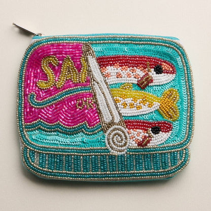Beaded Sardine Can Clutch | Hand-Embroidered Sequin Zip Pouch: MT / ONE