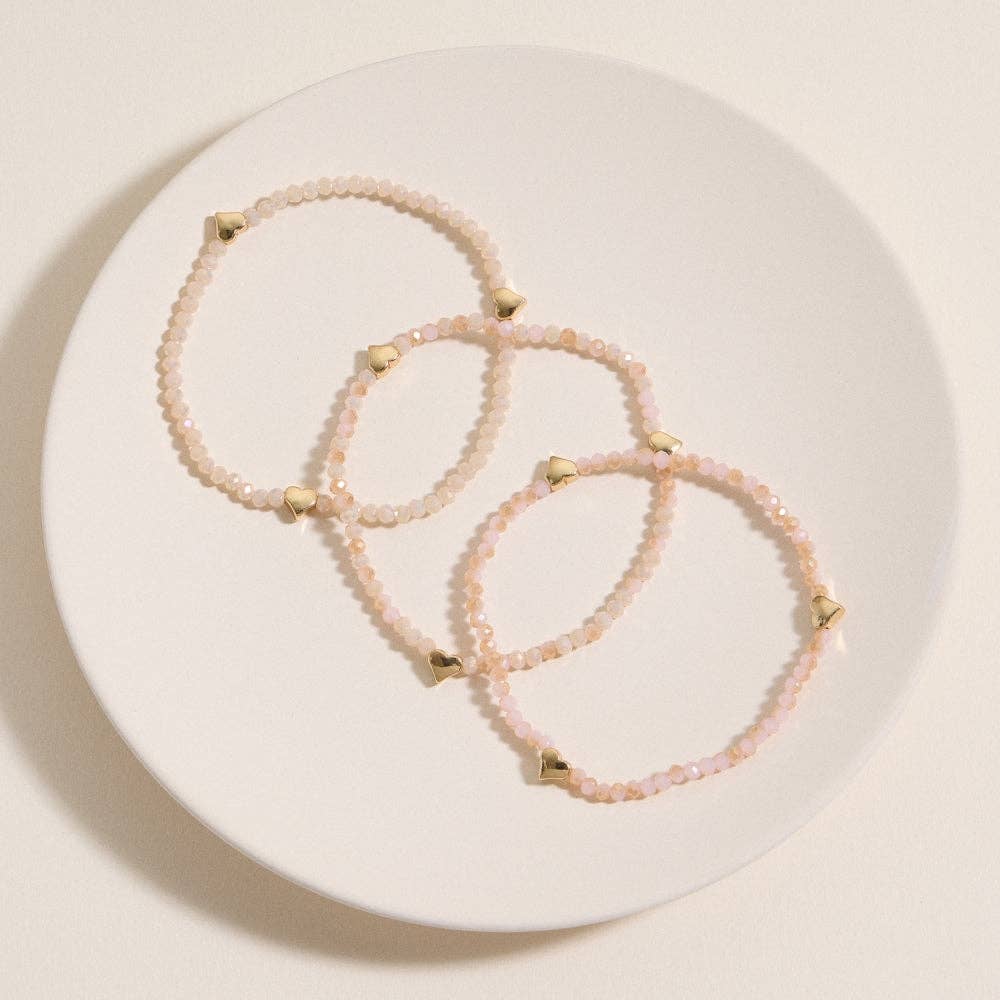 Glass Beaded Heart Stretch Bracelet Set | Gold Accent Stack: BK