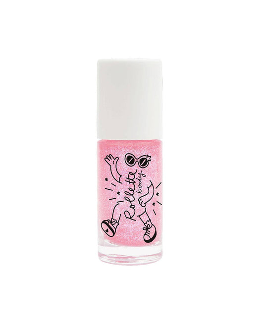 A bottle of pink glitter nail polish with a white cap, featuring a black hand-drawn graphic of a person wearing sunglasses and sneakers with the text 'Raspberry Bayou' on the front.