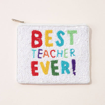 Best Teacher Ever Beaded Pouch | Colorful Sequin Gift Bag: MUL
