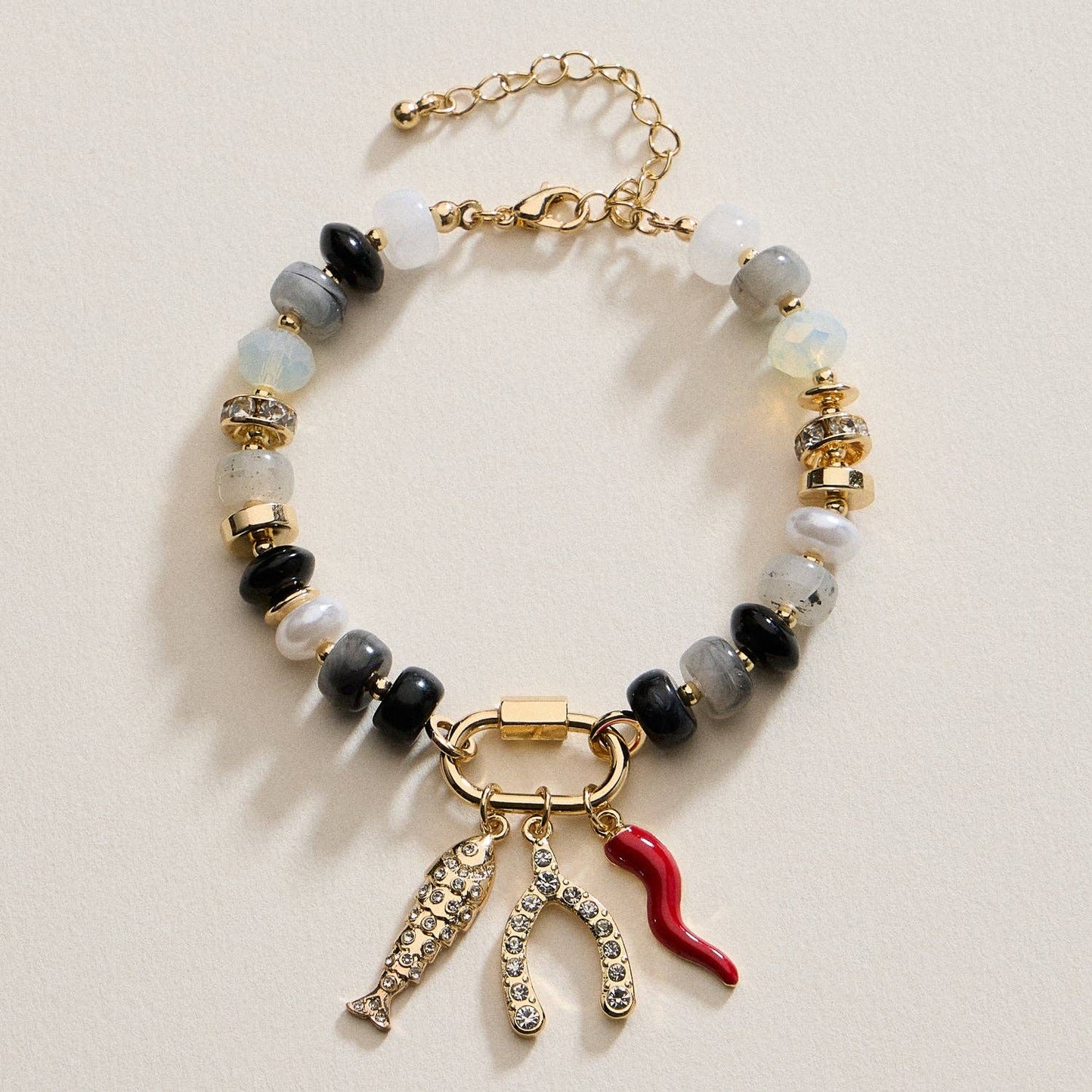 Vibrant Beaded Bracelet | Gold-Tone Trio Charms: BL / ONE